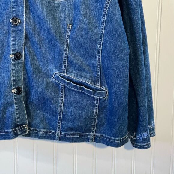 Erika Denim Jacket Womens Size Xlarge Blue Embroidered Floral Button Up Long Slv - Picture 5 of 12